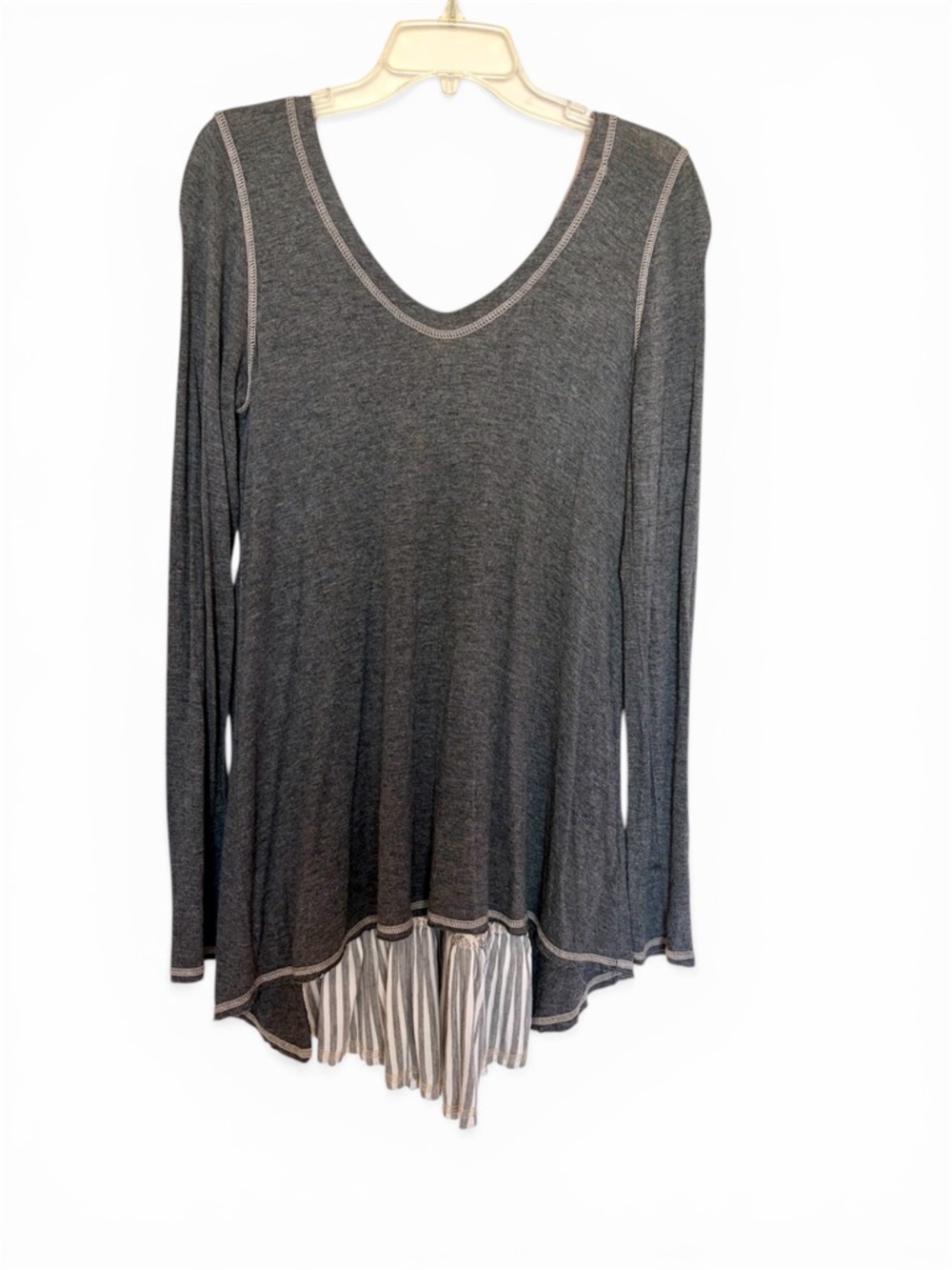 Anthropologie Scrapbook Originals Gray Mixed Media Tunic Top Lace Ruffles Stripe - Picture 16 of 16